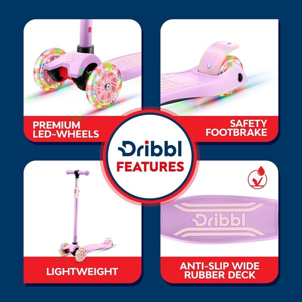 Dribbl 3-Wheel Kids Scooter, Lean-to-Steer, Adjustable Handle, Anti-Slip Deck, Purple, Ages 2+. - DBKS02