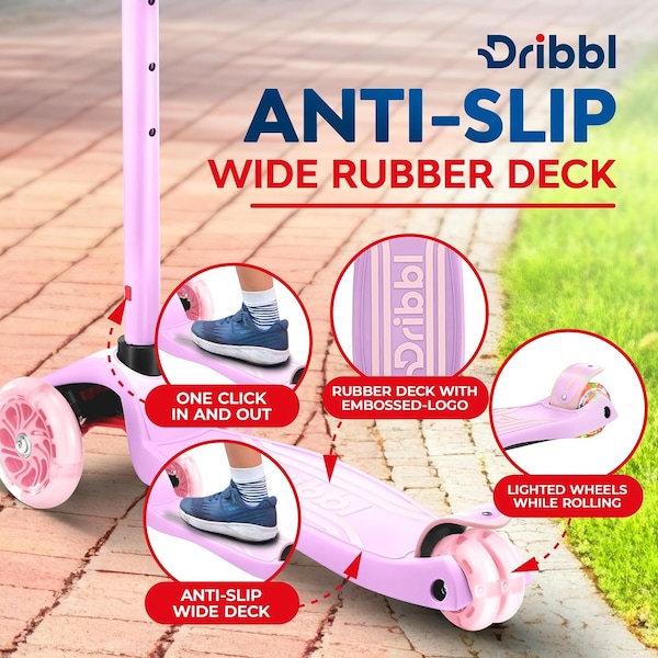 Dribbl 3-Wheel Kids Scooter, Lean-to-Steer, Adjustable Handle, Anti-Slip Deck, Purple, Ages 2+. - DBKS02