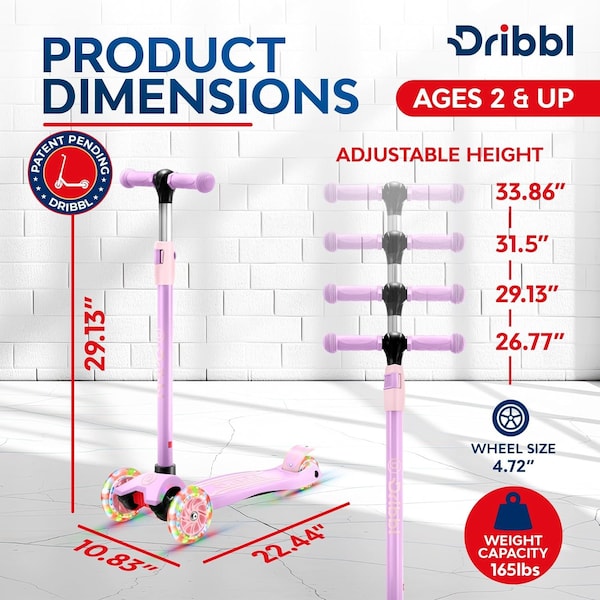 Dribbl 3-Wheel Kids Scooter, Lean-to-Steer, Adjustable Handle, Anti-Slip Deck, Purple, Ages 2+. - DBKS02