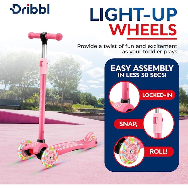 Dribbl 3-Wheel Kids Scooter, Lean-to-Steer, Adjustable Handle, Anti-Slip Deck, Pink, Ages 2+ - DBKS04