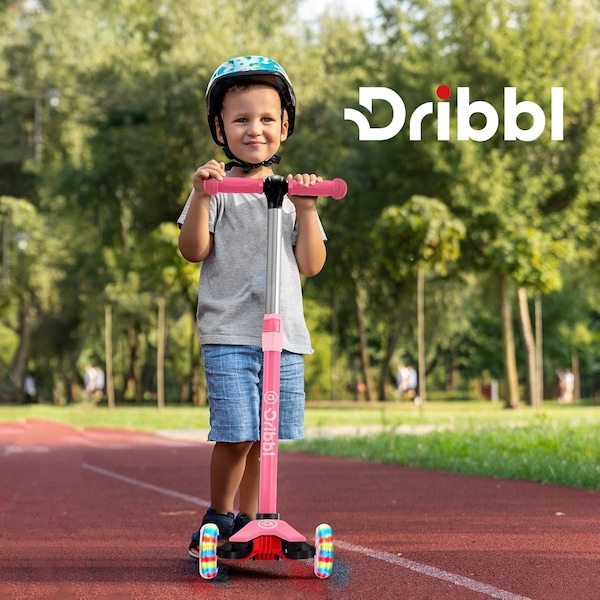 Dribbl 3-Wheel Kids Scooter, Lean-to-Steer, Adjustable Handle, Anti-Slip Deck, Pink, Ages 2+ - DBKS04