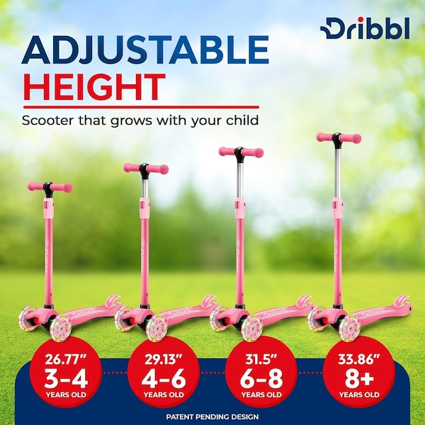 Dribbl 3-Wheel Kids Scooter, Lean-to-Steer, Adjustable Handle, Anti-Slip Deck, Pink, Ages 2+ - DBKS04