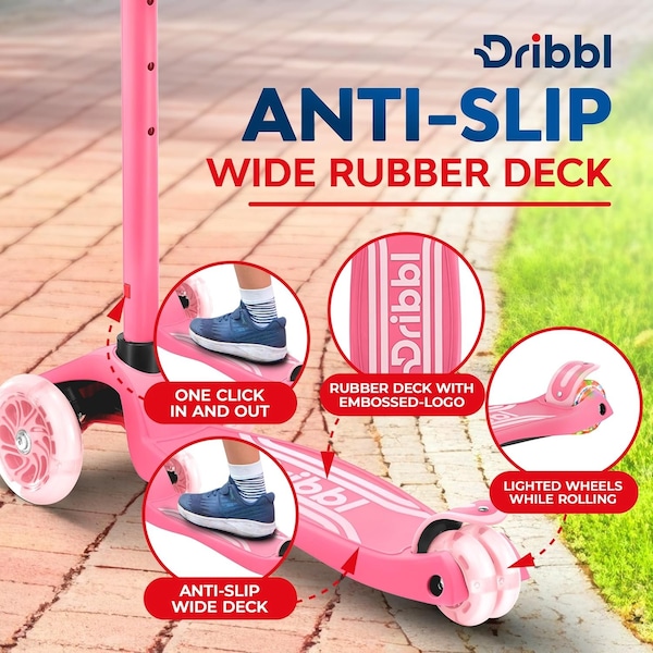 Dribbl 3-Wheel Kids Scooter, Lean-to-Steer, Adjustable Handle, Anti-Slip Deck, Pink, Ages 2+ - DBKS04
