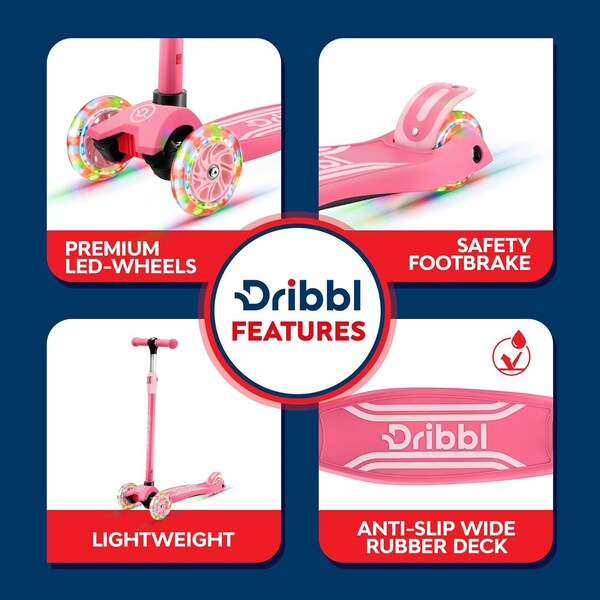 Dribbl 3-Wheel Kids Scooter, Lean-to-Steer, Adjustable Handle, Anti-Slip Deck, Pink, Ages 2+ - DBKS04