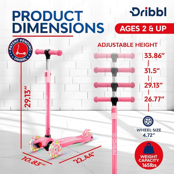 Dribbl 3-Wheel Kids Scooter, Lean-to-Steer, Adjustable Handle, Anti-Slip Deck, Pink, Ages 2+ - DBKS04