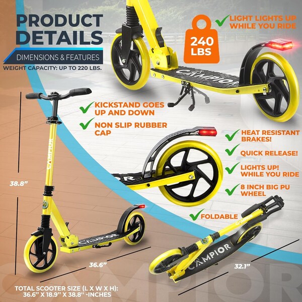 Campior Kick Scooter for Ages 6+, for Kids, Teens, and Adults, Max Load 240 LBS, Foldable, 8-inch Big Yellow - CAMTE064