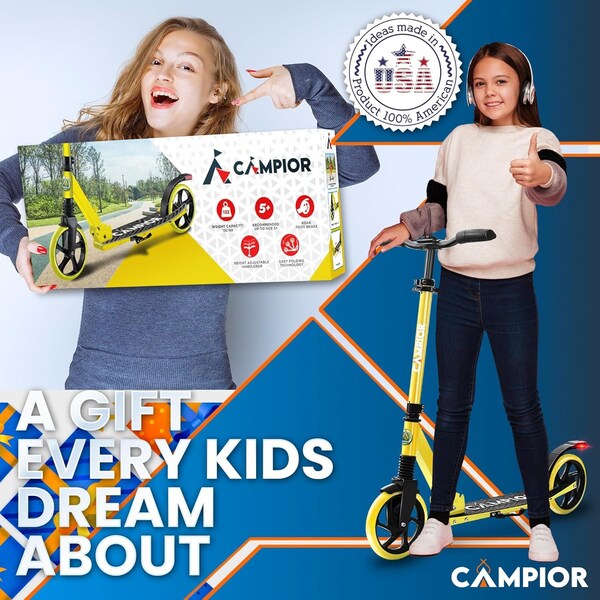 Campior Kick Scooter for Ages 6+, for Kids, Teens, and Adults, Max Load 240 LBS, Foldable, 8-inch Big Yellow - CAMTE064