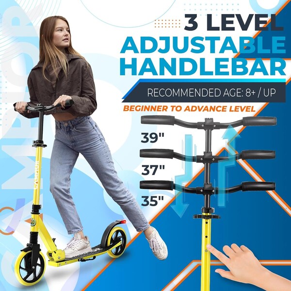 Campior Kick Scooter for Ages 6+, for Kids, Teens, and Adults, Max Load 240 LBS, Foldable, 8-inch Big Yellow - CAMTE064