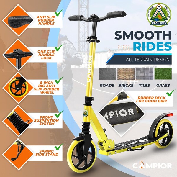 Campior Kick Scooter for Ages 6+, for Kids, Teens, and Adults, Max Load 240 LBS, Foldable, 8-inch Big Yellow - CAMTE064