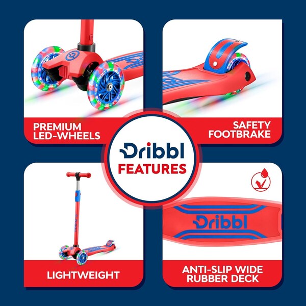 Dribbl 3-Wheel Kids Scooter, Lean-to-Steer, Adjustable Handlebar, Anti-Slip Deck, Red/Blue - DBKS08
