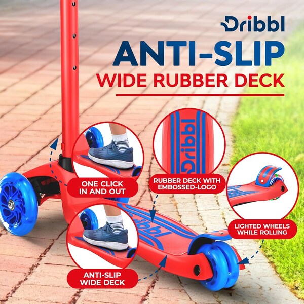 Dribbl 3-Wheel Kids Scooter, Lean-to-Steer, Adjustable Handlebar, Anti-Slip Deck, Red/Blue - DBKS08
