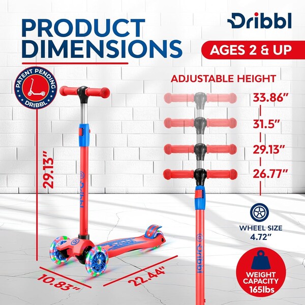 Dribbl 3-Wheel Kids Scooter, Lean-to-Steer, Adjustable Handlebar, Anti-Slip Deck, Red/Blue - DBKS08