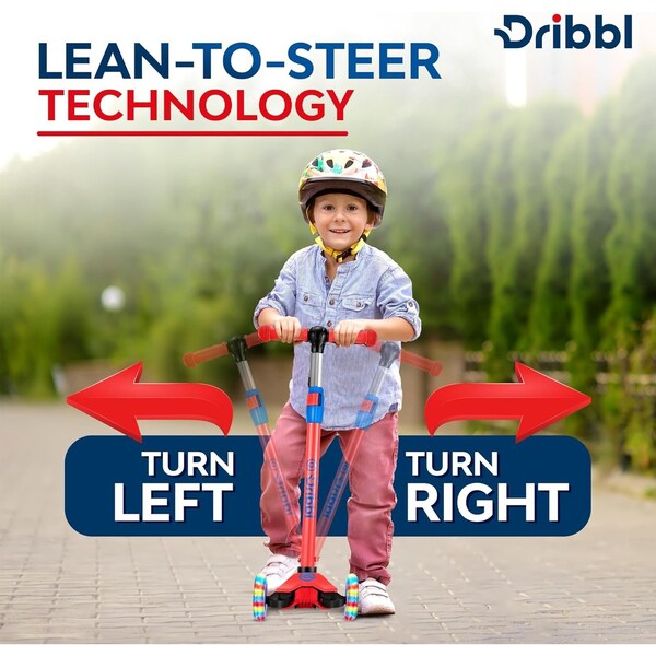 Dribbl 3-Wheel Kids Scooter, Lean-to-Steer, Adjustable Handlebar, Anti-Slip Deck, Red/Blue - DBKS08