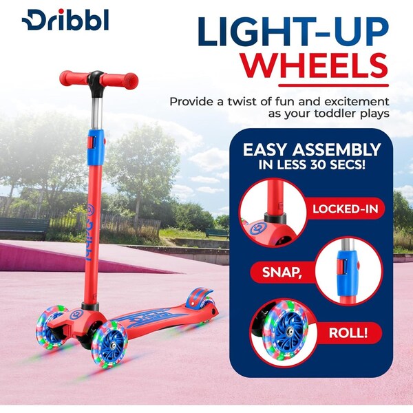 Dribbl 3-Wheel Kids Scooter, Lean-to-Steer, Adjustable Handlebar, Anti-Slip Deck, Red/Blue - DBKS08