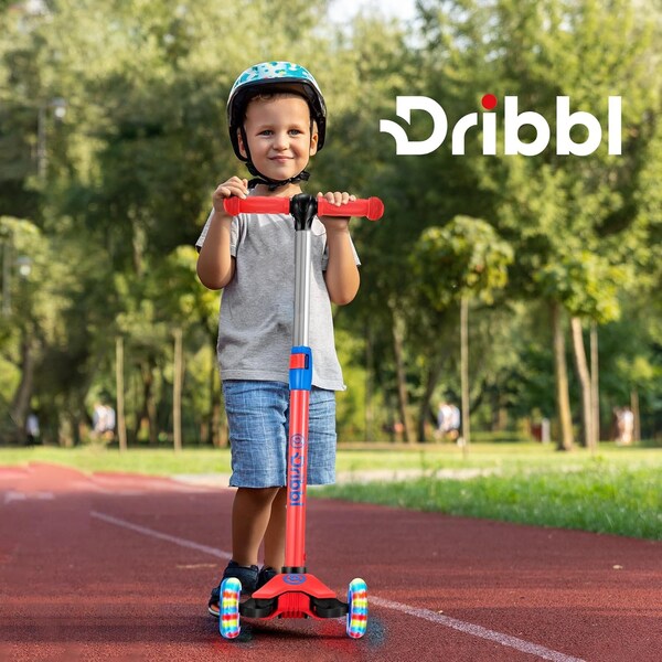 Dribbl 3-Wheel Kids Scooter, Lean-to-Steer, Adjustable Handlebar, Anti-Slip Deck, Red/Blue - DBKS08