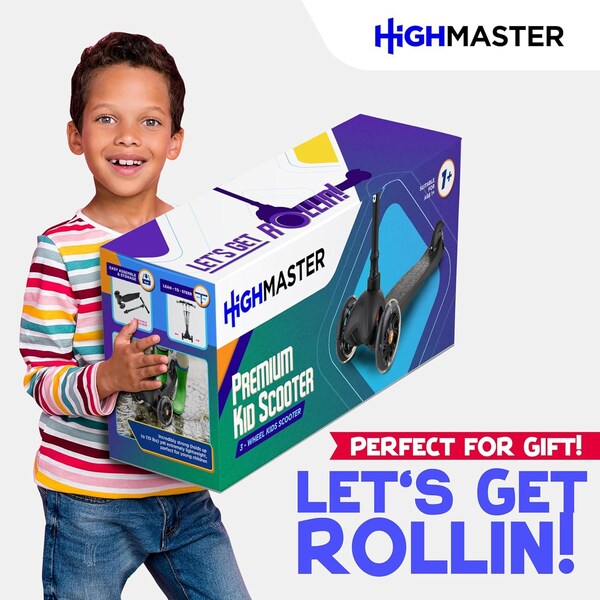 Highmaster Kids 3-Wheel Kick Scooter, Adjustable Handlebar, LED Light-Up Wheels, for Indoor and Outdoor Play - HMKSBLK