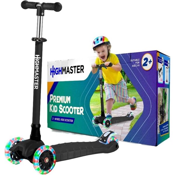 Highmaster Kids 3-Wheel Kick Scooter, Adjustable Handlebar, LED Light-Up Wheels, for Indoor and Outdoor Play - HMKSBLK