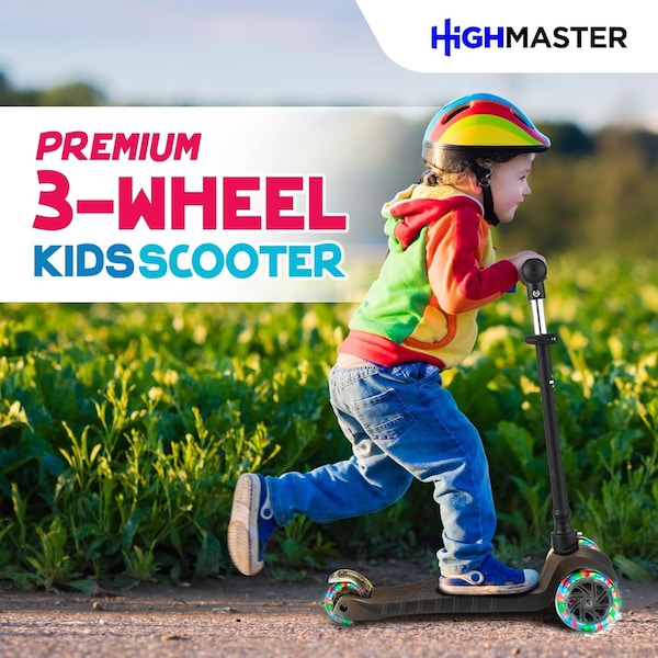 Highmaster Kids 3-Wheel Kick Scooter, Adjustable Handlebar, LED Light-Up Wheels, for Indoor and Outdoor Play - HMKSBLK