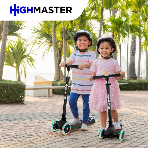 Highmaster Kids 3-Wheel Kick Scooter, Adjustable Handlebar, LED Light-Up Wheels, for Indoor and Outdoor Play - HMKSBLK