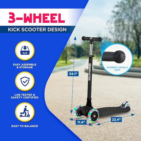 Highmaster Kids 3-Wheel Kick Scooter, Adjustable Handlebar, LED Light-Up Wheels, for Indoor and Outdoor Play - HMKSBLK