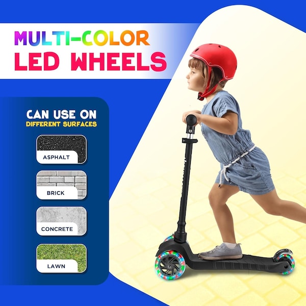 Highmaster Kids 3-Wheel Kick Scooter, Adjustable Handlebar, LED Light-Up Wheels, for Indoor and Outdoor Play - HMKSBLK