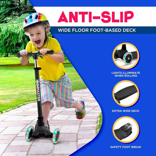Highmaster Kids 3-Wheel Kick Scooter, Adjustable Handlebar, LED Light-Up Wheels, for Indoor and Outdoor Play - HMKSBLK