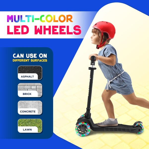 Highmaster Kids 3-Wheel Kick Scooter, Adjustable Handlebar, LED Light-Up Wheels, for Indoor and Outdoor Play - HMKSBLK