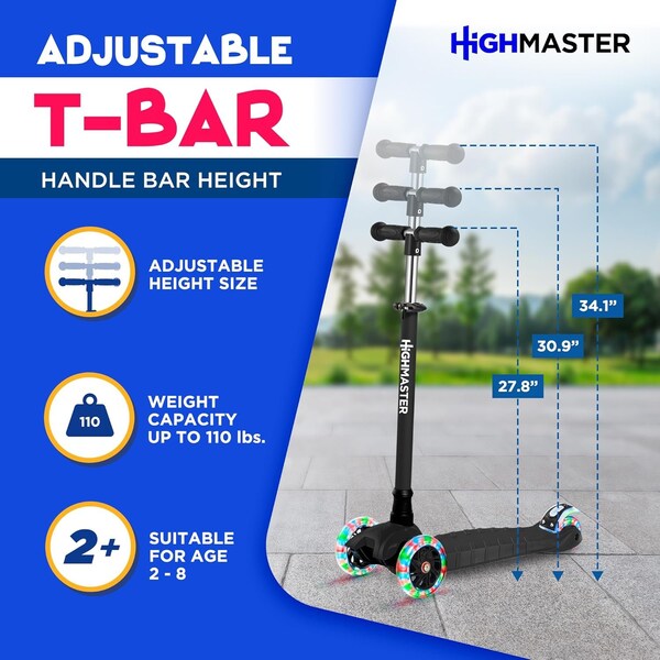 Highmaster Kids 3-Wheel Kick Scooter, Adjustable Handlebar, LED Light-Up Wheels, for Indoor and Outdoor Play - HMKSBLK