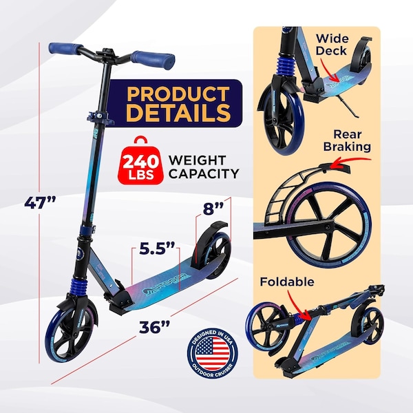 Outdoorcruiser Outdoor Cruiser Kick Scooter, Ages 6+, 250 LBS Max, Foldable, 8in. Wheels, Suspension, Blue/Purple/Pink - OCTENS605