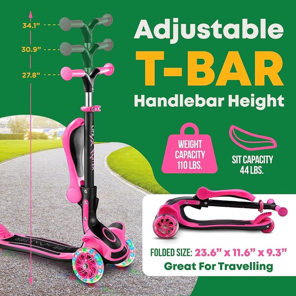 Lifemaster Kids 3-Wheel Scooter with Foldable Seat, LED Wheels, Adjustable Handlebar, Indoor/Outdoor Pink - LIFMS11