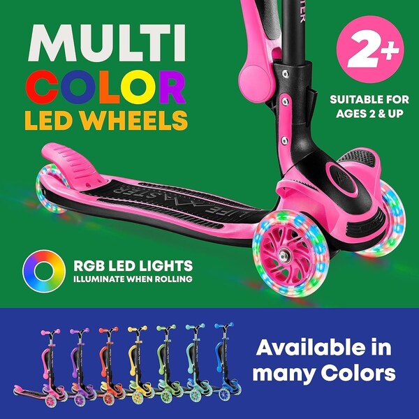 Lifemaster Kids 3-Wheel Scooter with Foldable Seat, LED Wheels, Adjustable Handlebar, Indoor/Outdoor Pink - LIFMS11
