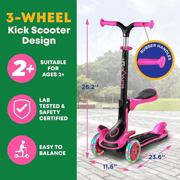 Lifemaster Kids 3-Wheel Scooter with Foldable Seat, LED Wheels, Adjustable Handlebar, Indoor/Outdoor Pink - LIFMS11