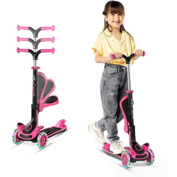 Lifemaster Kids 3-Wheel Scooter with Foldable Seat, LED Wheels, Adjustable Handlebar, Indoor/Outdoor Pink - LIFMS11