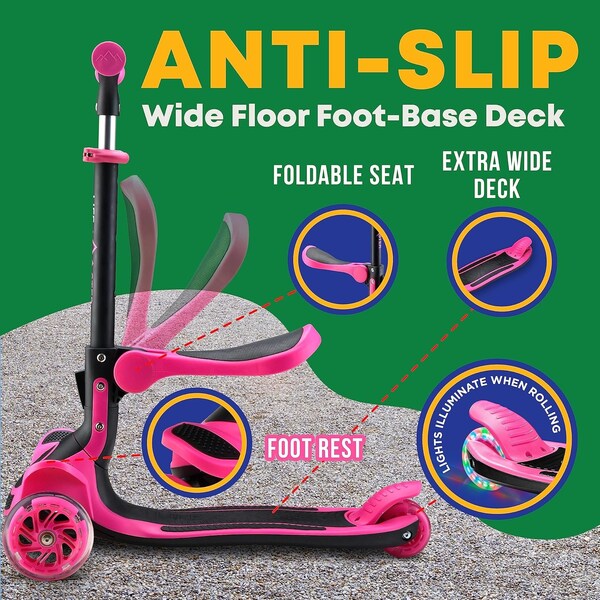 Lifemaster Kids 3-Wheel Scooter with Foldable Seat, LED Wheels, Adjustable Handlebar, Indoor/Outdoor Pink - LIFMS11