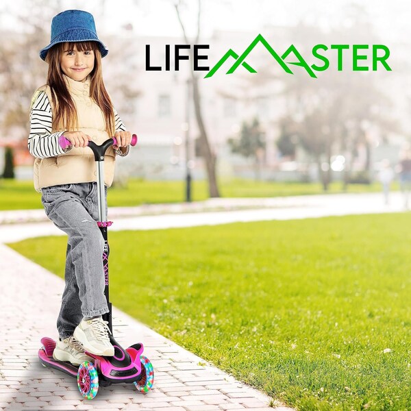 Lifemaster Kids 3-Wheel Scooter with Foldable Seat, LED Wheels, Adjustable Handlebar, Indoor/Outdoor Pink - LIFMS11