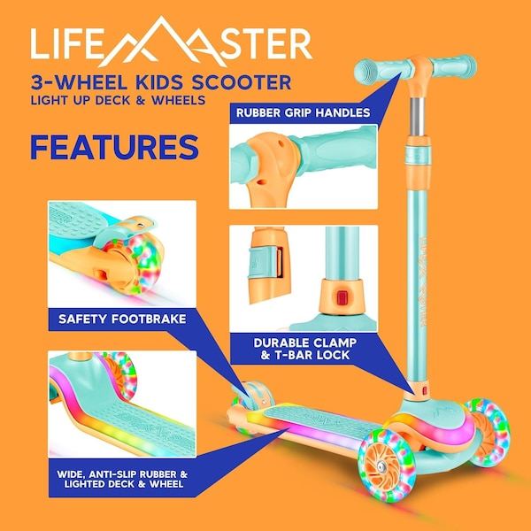 Lifemaster 3-Wheel Kids Scooter, LED Deck and Wheels, 5-Height Handlebar, Aqua Orange - LMLUSR75