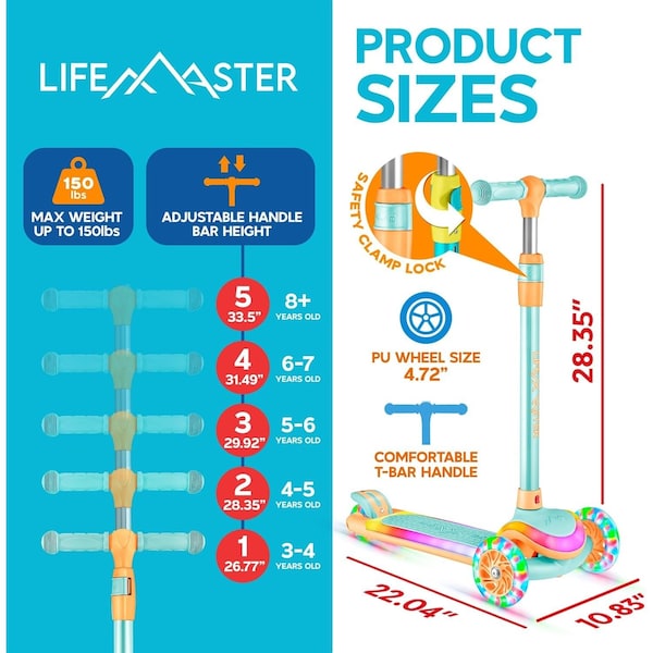 Lifemaster 3-Wheel Kids Scooter, LED Deck and Wheels, 5-Height Handlebar, Aqua Orange - LMLUSR75
