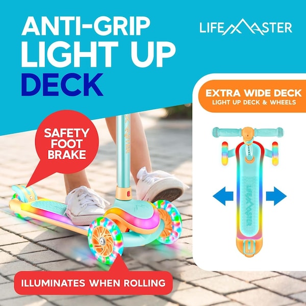 Lifemaster 3-Wheel Kids Scooter, LED Deck and Wheels, 5-Height Handlebar, Aqua Orange - LMLUSR75