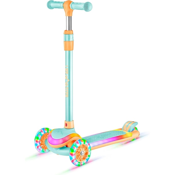 Lifemaster 3-Wheel Kids Scooter, LED Deck and Wheels, 5-Height Handlebar, Aqua Orange - LMLUSR75