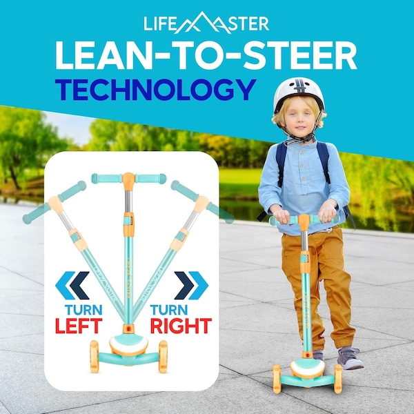 Lifemaster 3-Wheel Kids Scooter, LED Deck and Wheels, 5-Height Handlebar, Aqua Orange - LMLUSR75