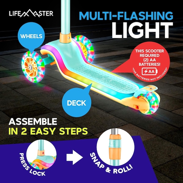 Lifemaster 3-Wheel Kids Scooter, LED Deck and Wheels, 5-Height Handlebar, Aqua Orange - LMLUSR75