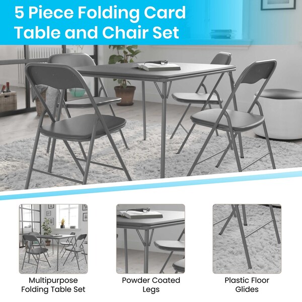 Flash Furniture 5 Piece Gray Folding Card Table and Chair Set - JB-1-GY-GG