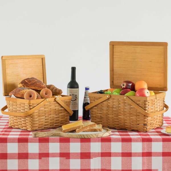 Vintiquewise Woodchip Picnic Storage Basket with Cover and Movable Handles, PK 2 - QI004013.2