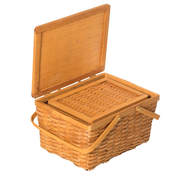 Vintiquewise Woodchip Picnic Storage Basket with Cover and Movable Handles, PK 2 - QI004013.2