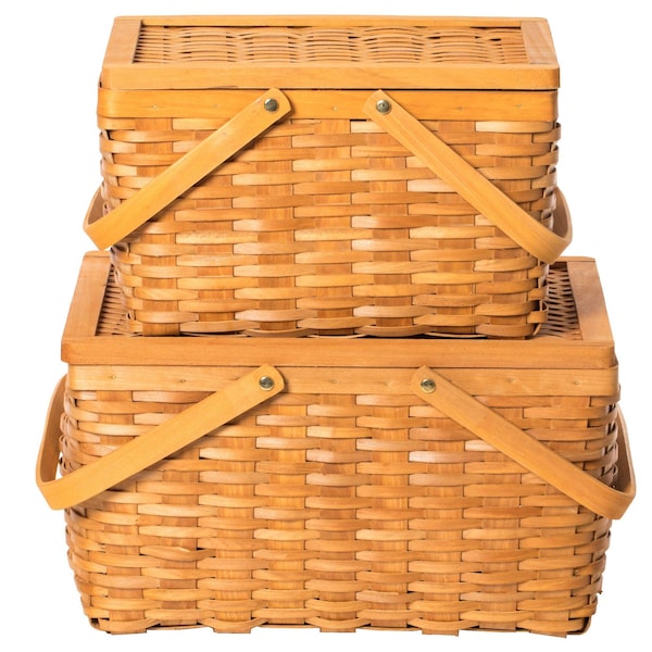 Vintiquewise Woodchip Picnic Storage Basket with Cover and Movable Handles, PK 2 - QI004013.2