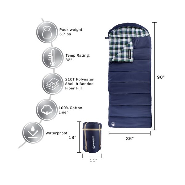 Leisure Sports Sleeping Bag, 32F Rated XL 3 Season Envelope Style with Hood for Camping, Hiking, Carry Bag (Navy) - 478947OOM