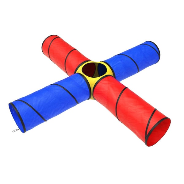 Hey Play Kids Play Tunnel- 4-Way Pop Up Crawl Through Tent, Red, Yellow & Blue - 80-TK183373