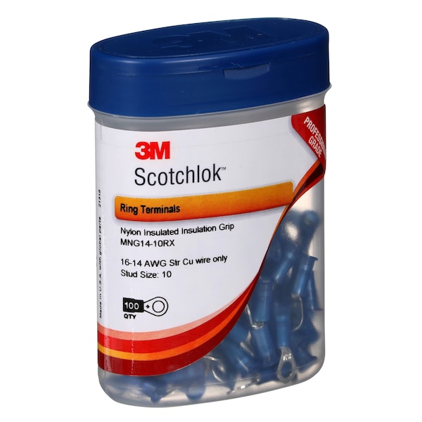 3M 16-14 AWG Nylon Ring Terminal #10 Stud PK100 - MNG14-10RX