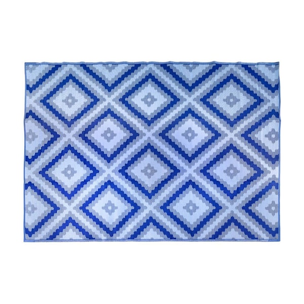 Camco Outdoor Mat - 9ft x 12ft, Blue/White/Blue Zig-Zag Diamond - 42866