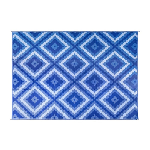 Camco Outdoor Mat - 9ft x 12ft, Blue/White/Blue Zig-Zag Diamond - 42866